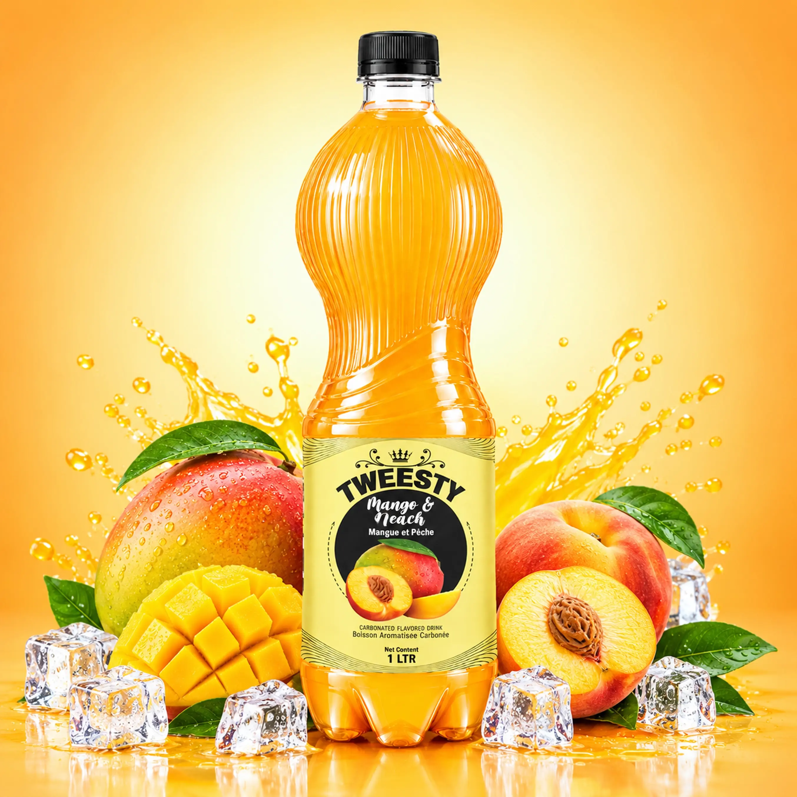TWEESTY Mango and Peach 1L PET bottle with mango, peaches and ice.